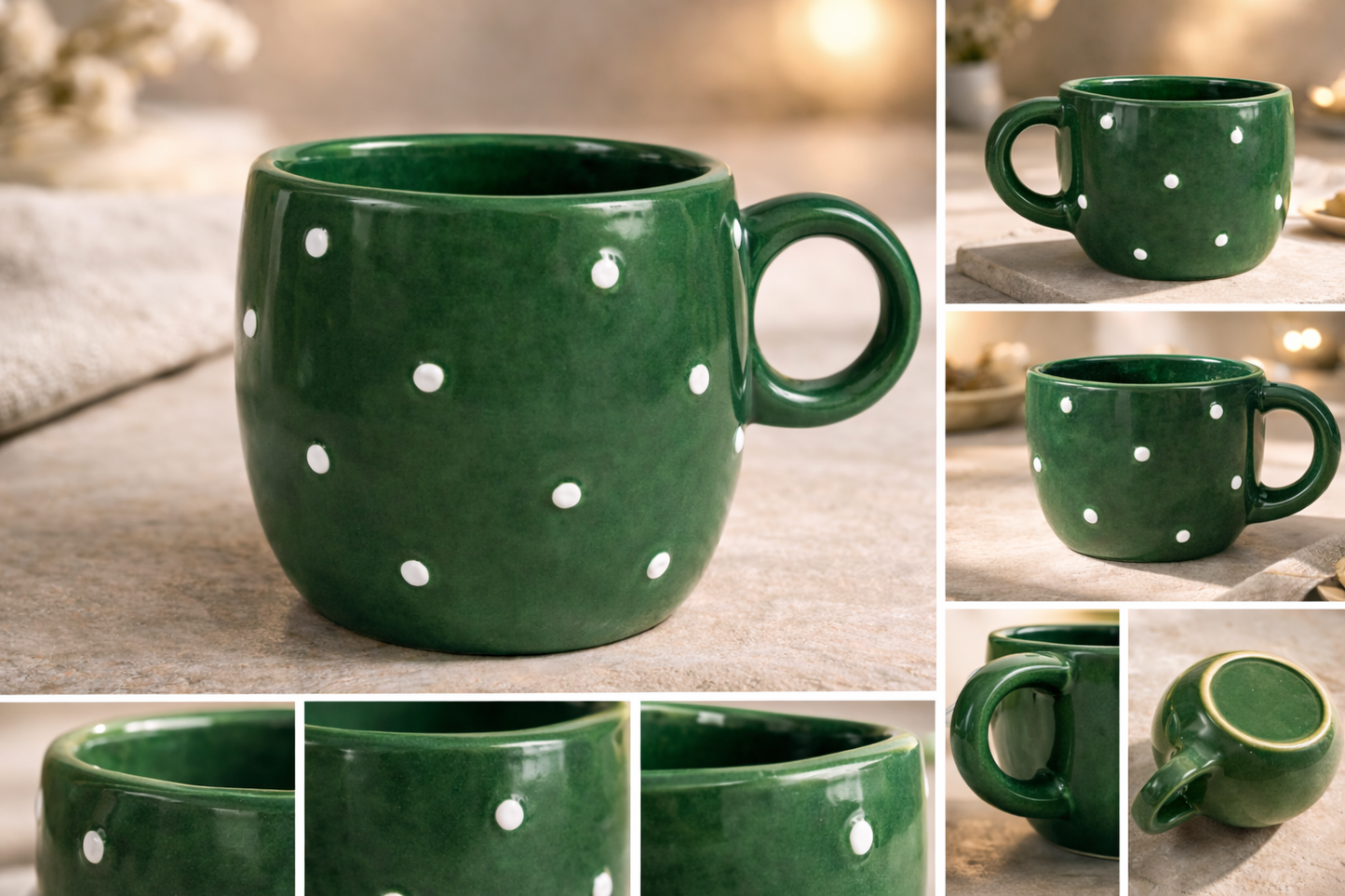 Handcrafted Green Polka Dot Ceramic Coffee Mug – Glossy Finish (300 ml)