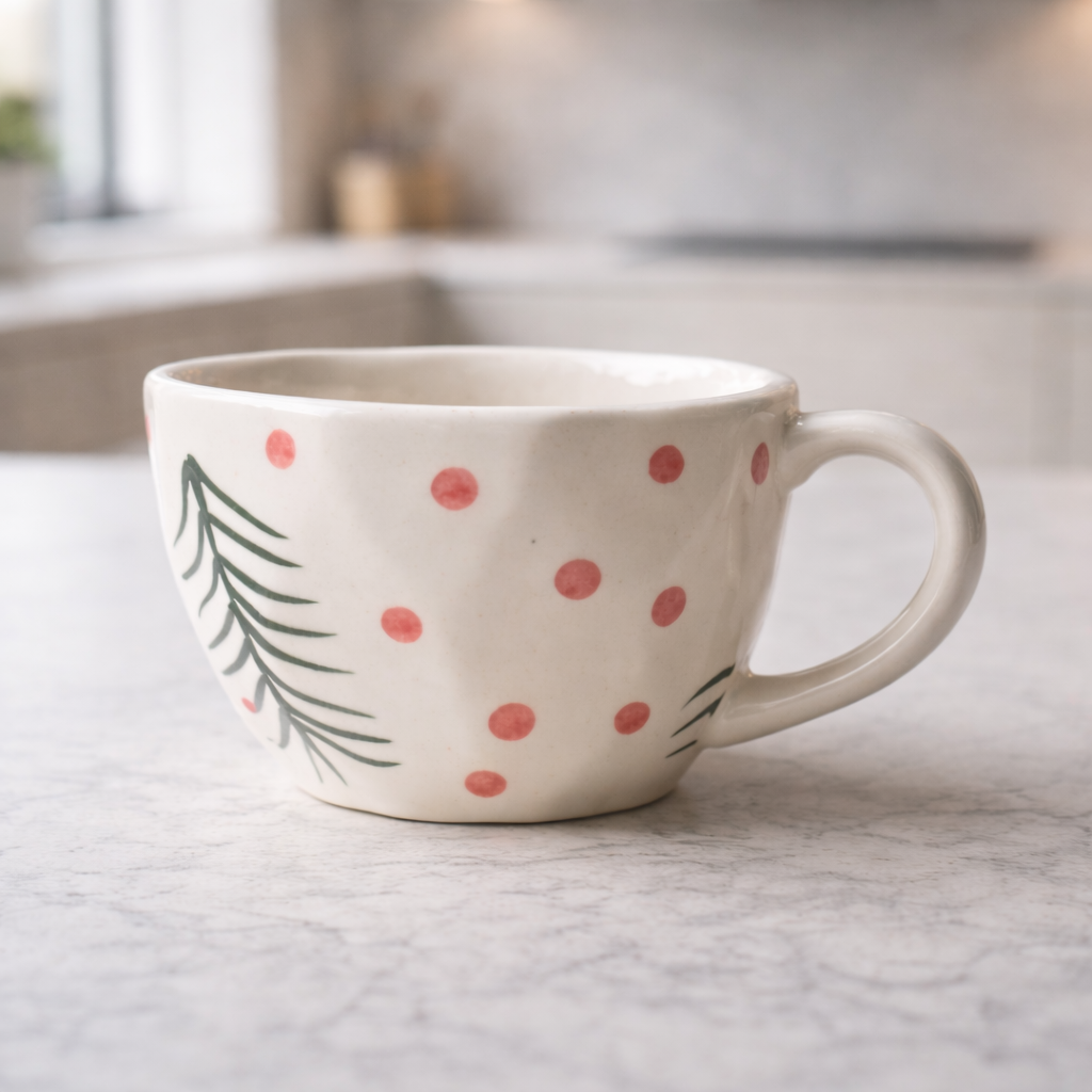 Ceramic Tea Cup & Saucer Set – Polka Dot & Leaf Design (250 ml)