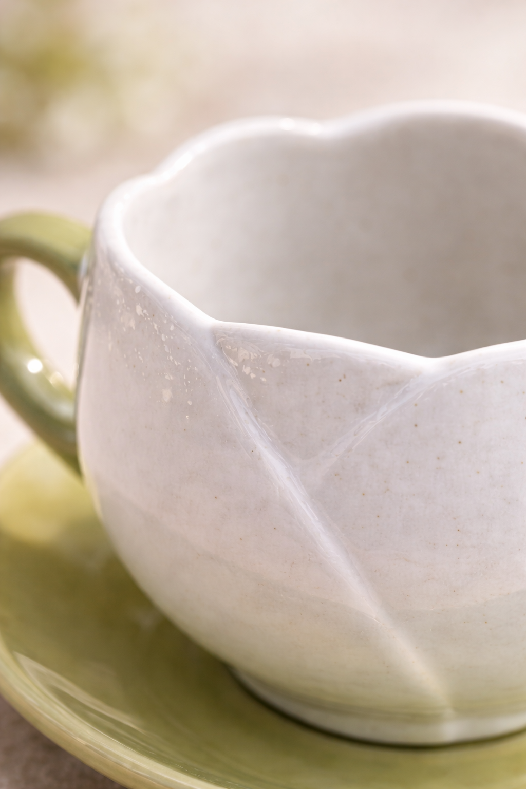 Tulip-Shaped Ceramic Tea Cup & Saucer Set – White & Sage Green Glaze (250 ml)