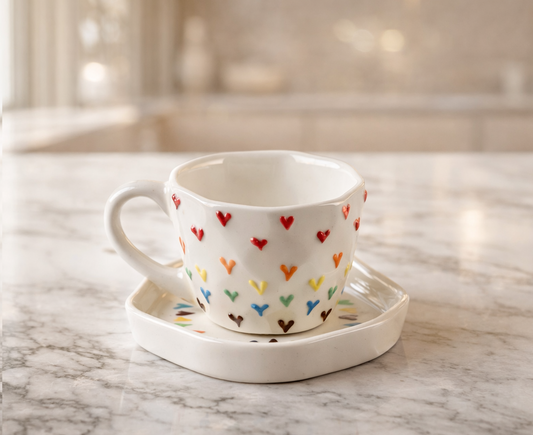 Colorful Heart Print Ceramic Tea & Coffee Cup with Saucer