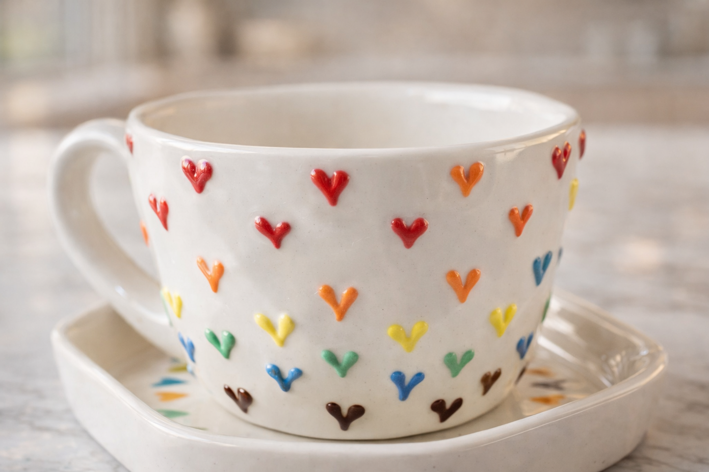 Colorful Heart Print Ceramic Tea & Coffee Cup with Saucer