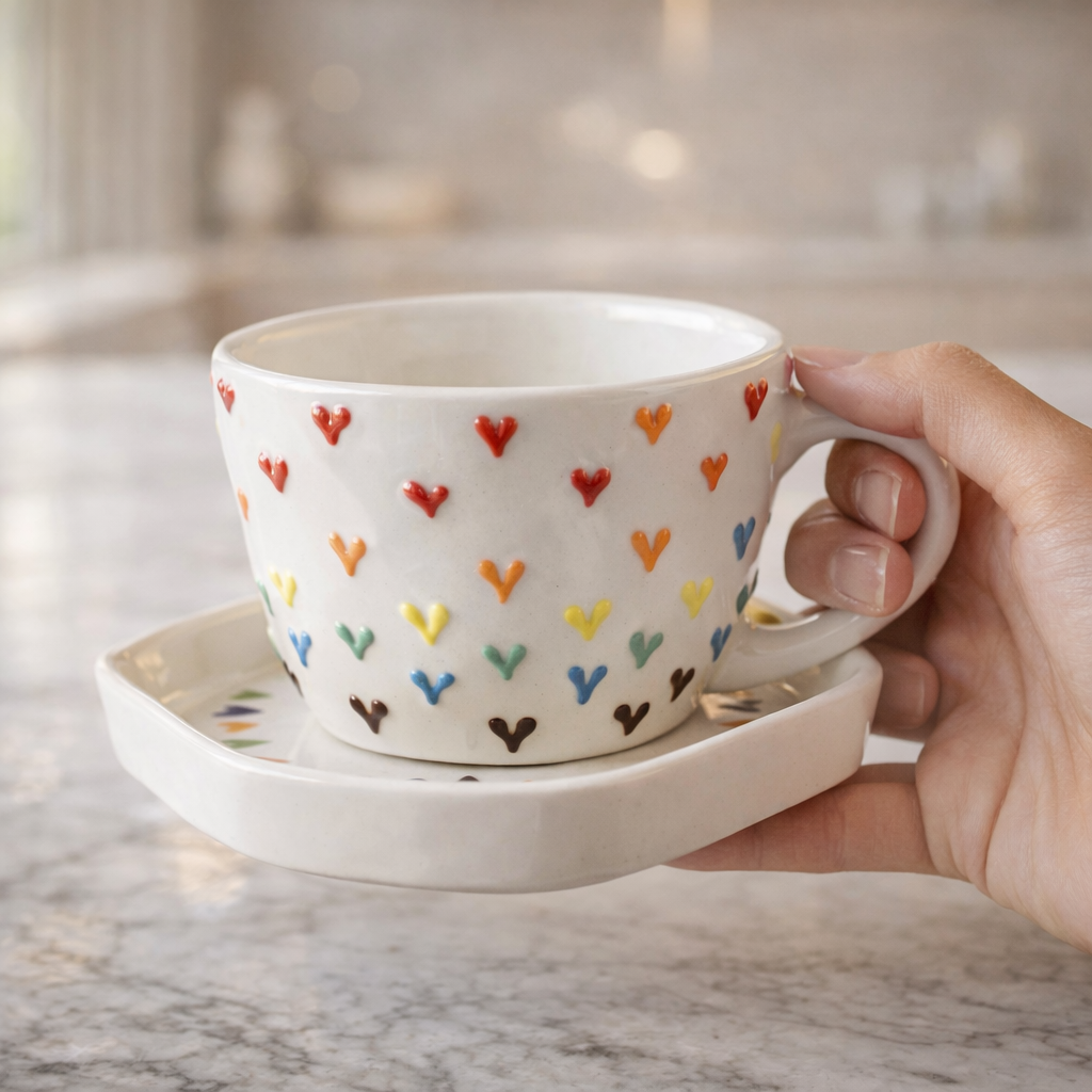 Colorful Heart Print Ceramic Tea & Coffee Cup with Saucer