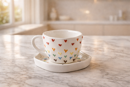 Colorful Heart Print Ceramic Tea & Coffee Cup with Saucer