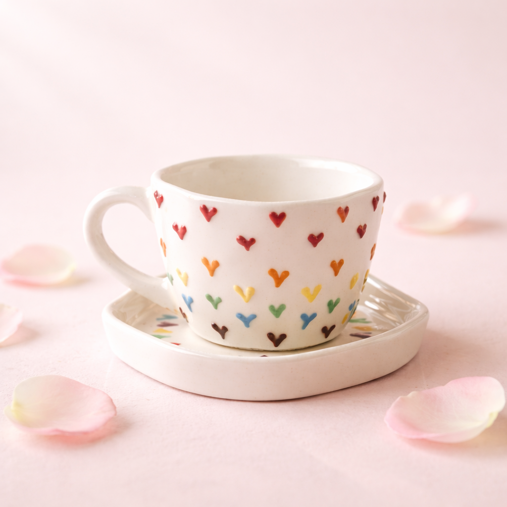 Colorful Heart Print Ceramic Tea & Coffee Cup with Saucer