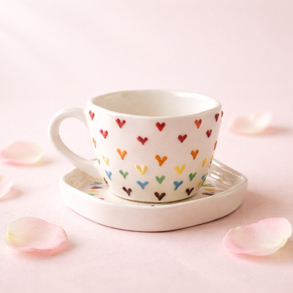 Colorful Heart Print Ceramic Tea & Coffee Cup with Saucer