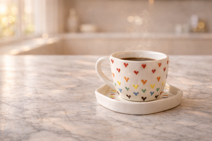 Colorful Heart Print Ceramic Tea & Coffee Cup with Saucer