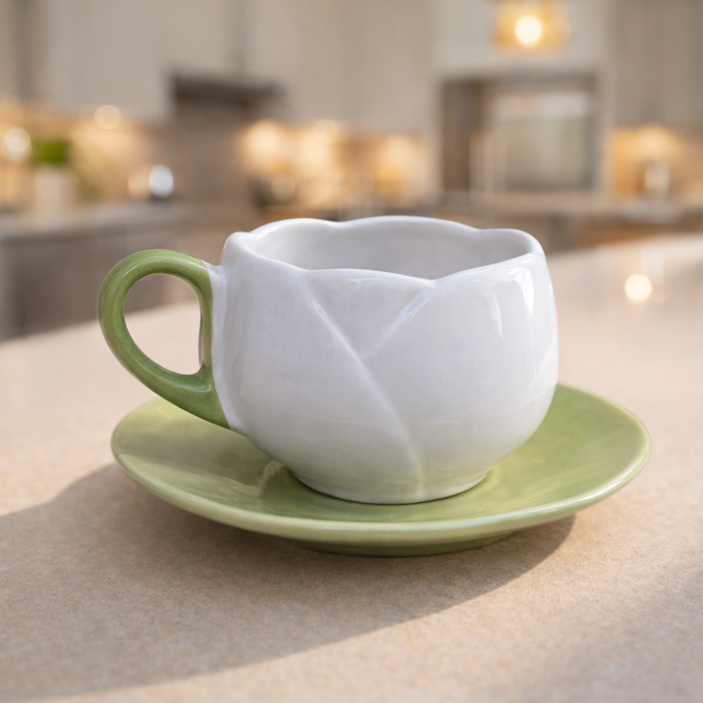 Tulip-Shaped Ceramic Tea Cup & Saucer Set – White & Sage Green Glaze (250 ml)