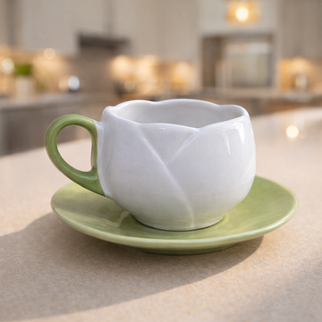 Tulip-Shaped Ceramic Tea Cup & Saucer Set – White & Sage Green Glaze (250 ml)