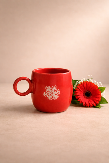 Festive Red Ceramic Coffee Mug with Snowflake Print – Glossy Finish (300 ml)