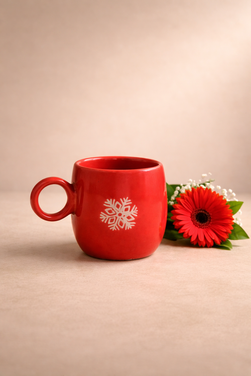 Festive Red Ceramic Coffee Mug with Snowflake Print – Glossy Finish (300 ml)