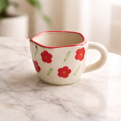 Hand-Painted Floral Ceramic Tea Cup – Red Flower Design with Wavy Rim (250 ml)