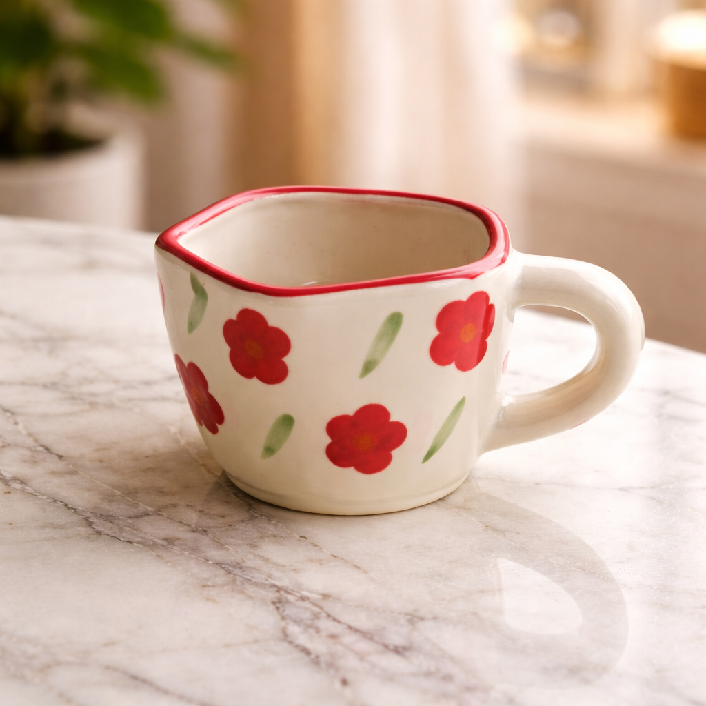 Hand-Painted Floral Ceramic Tea Cup – Red Flower Design with Wavy Rim (250 ml)