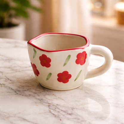 Hand-Painted Floral Ceramic Tea Cup – Red Flower Design with Wavy Rim (250 ml)