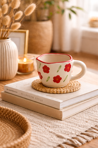 Hand-Painted Floral Ceramic Tea Cup – Red Flower Design with Wavy Rim (250 ml)