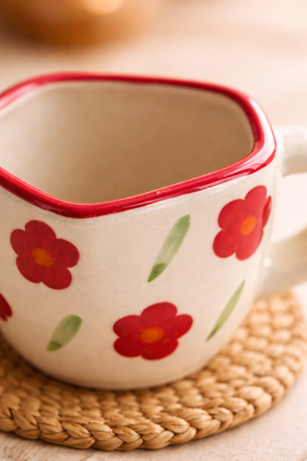 Hand-Painted Floral Ceramic Tea Cup – Red Flower Design with Wavy Rim (250 ml)