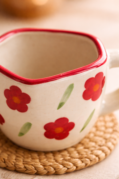 Hand-Painted Floral Ceramic Tea Cup – Red Flower Design with Wavy Rim (250 ml)