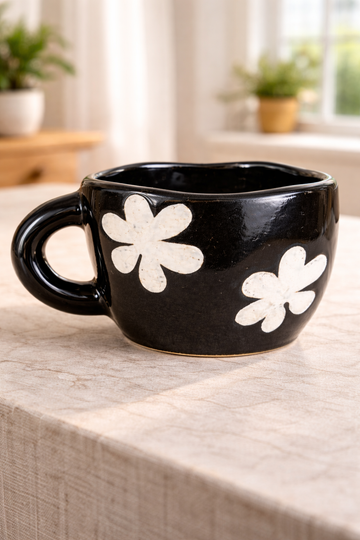 Black Floral Ceramic Coffee Mug – Aesthetic Flower Tea Cup