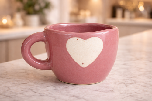 Heart-Shaped Design Ceramic Coffee Mug – Blush Pink Glossy Finish (300 ml)