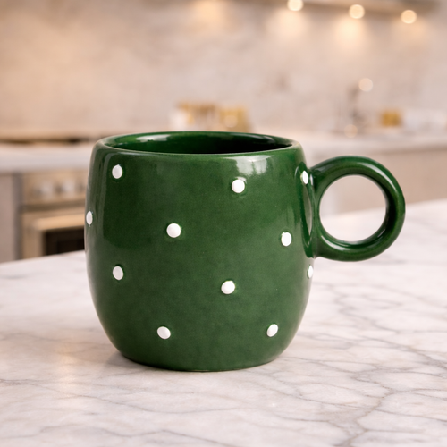 Handcrafted Green Polka Dot Ceramic Coffee Mug – Glossy Finish (300 ml)