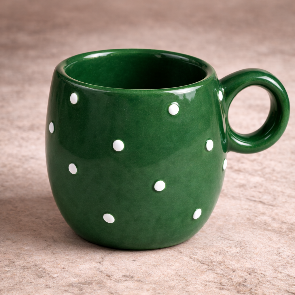Handcrafted Green Polka Dot Ceramic Coffee Mug – Glossy Finish (300 ml)