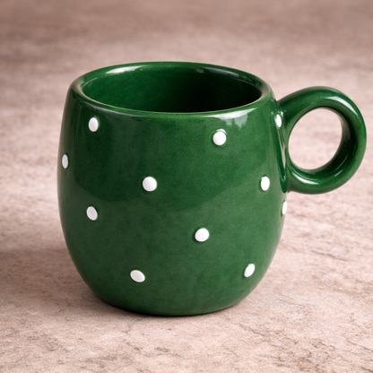 Handcrafted Green Polka Dot Ceramic Coffee Mug – Glossy Finish (300 ml)