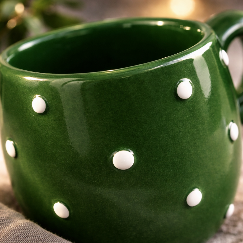 Handcrafted Green Polka Dot Ceramic Coffee Mug – Glossy Finish (300 ml)