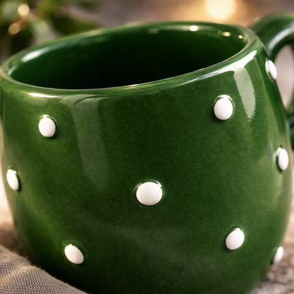 Handcrafted Green Polka Dot Ceramic Coffee Mug – Glossy Finish (300 ml)