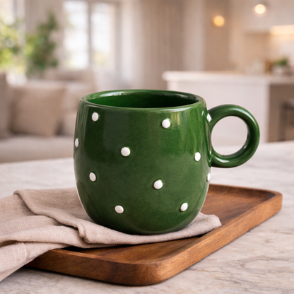Handcrafted Green Polka Dot Ceramic Coffee Mug – Glossy Finish (300 ml)