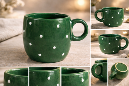 Handcrafted Green Polka Dot Ceramic Coffee Mug – Glossy Finish (300 ml)