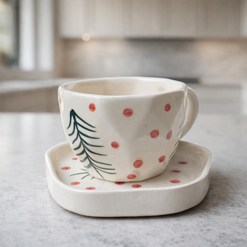 Ceramic Tea Cup & Saucer Set – Polka Dot & Leaf Design (250 ml)
