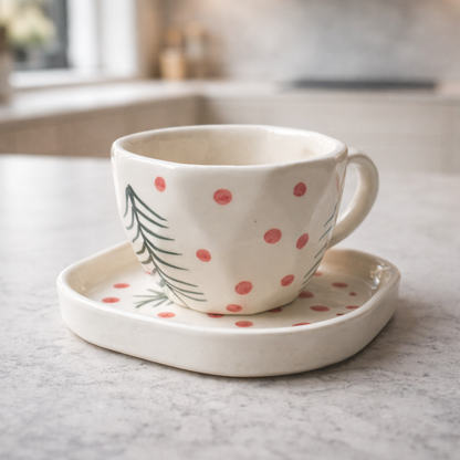 Ceramic Tea Cup & Saucer Set – Polka Dot & Leaf Design (250 ml)