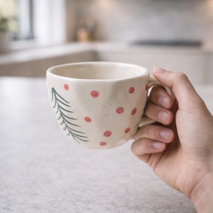 Ceramic Tea Cup & Saucer Set – Polka Dot & Leaf Design (250 ml)