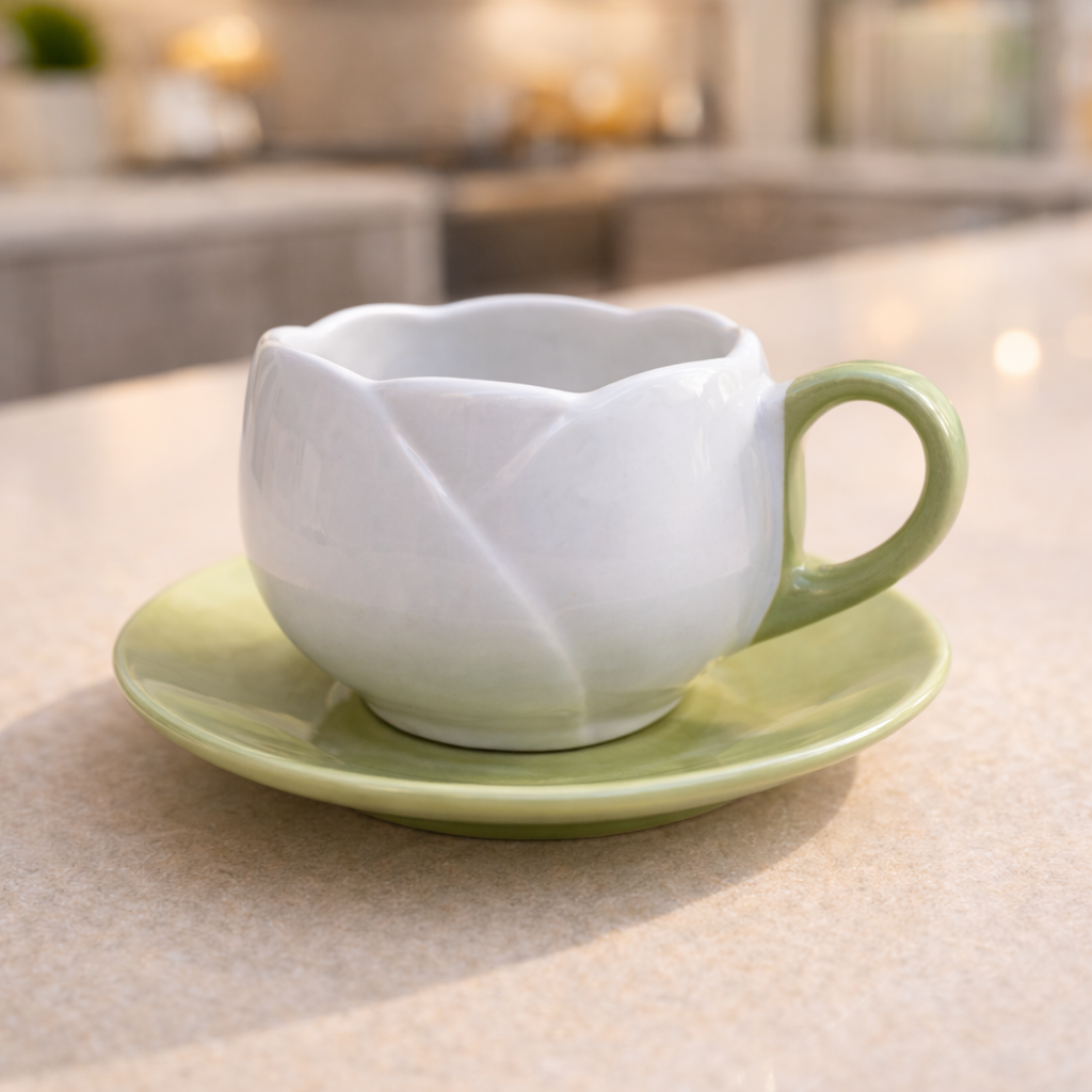 Tulip-Shaped Ceramic Tea Cup & Saucer Set – White & Sage Green Glaze (250 ml)