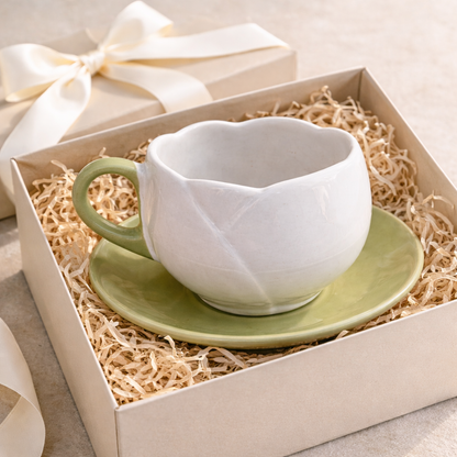 Tulip-Shaped Ceramic Tea Cup & Saucer Set – White & Sage Green Glaze (250 ml)