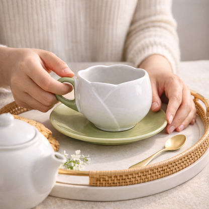 Tulip-Shaped Ceramic Tea Cup & Saucer Set – White & Sage Green Glaze (250 ml)