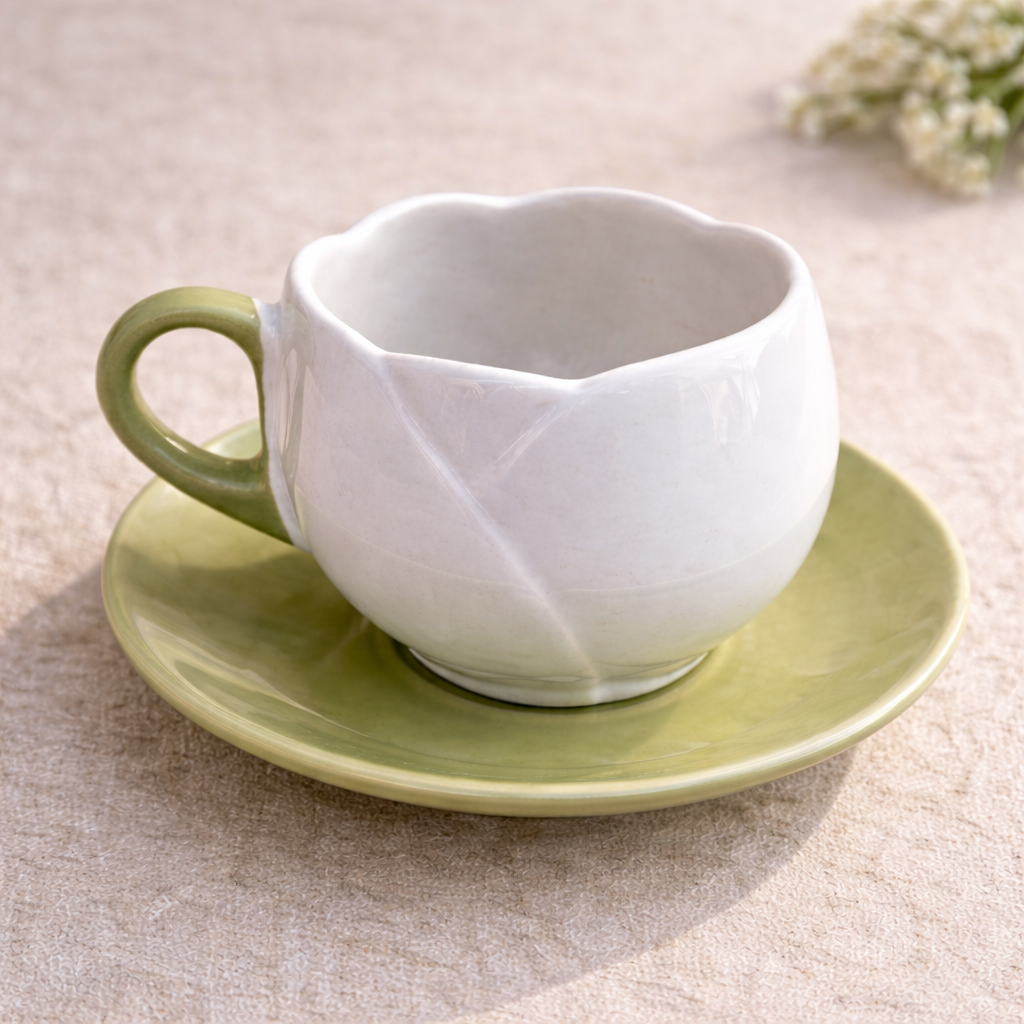Tulip-Shaped Ceramic Tea Cup & Saucer Set – White & Sage Green Glaze (250 ml)