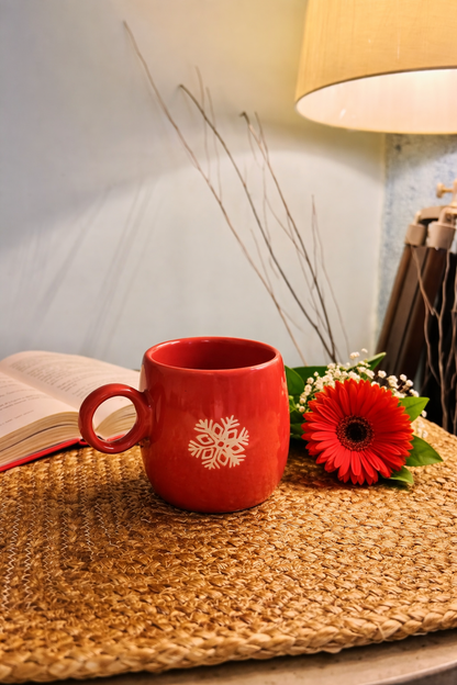 Festive Red Ceramic Coffee Mug with Snowflake Print – Glossy Finish (300 ml)