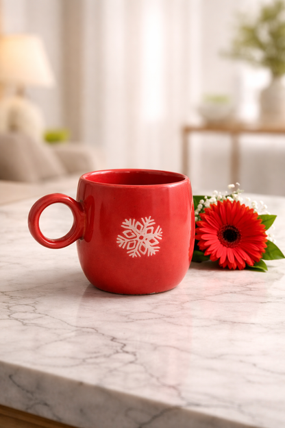 Festive Red Ceramic Coffee Mug with Snowflake Print – Glossy Finish (300 ml)