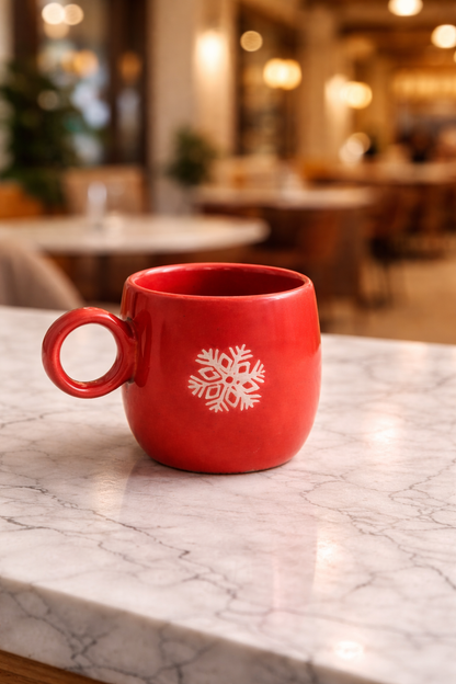 Festive Red Ceramic Coffee Mug with Snowflake Print – Glossy Finish (300 ml)