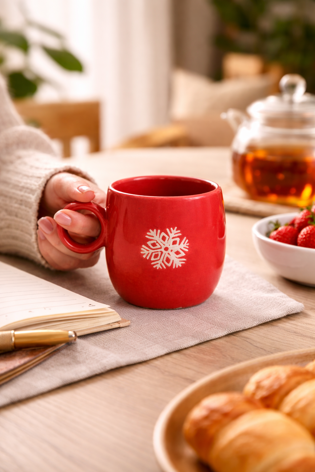 Festive Red Ceramic Coffee Mug with Snowflake Print – Glossy Finish (300 ml)