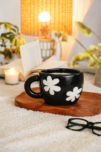 Black Floral Ceramic Coffee Mug – Aesthetic Flower Tea Cup