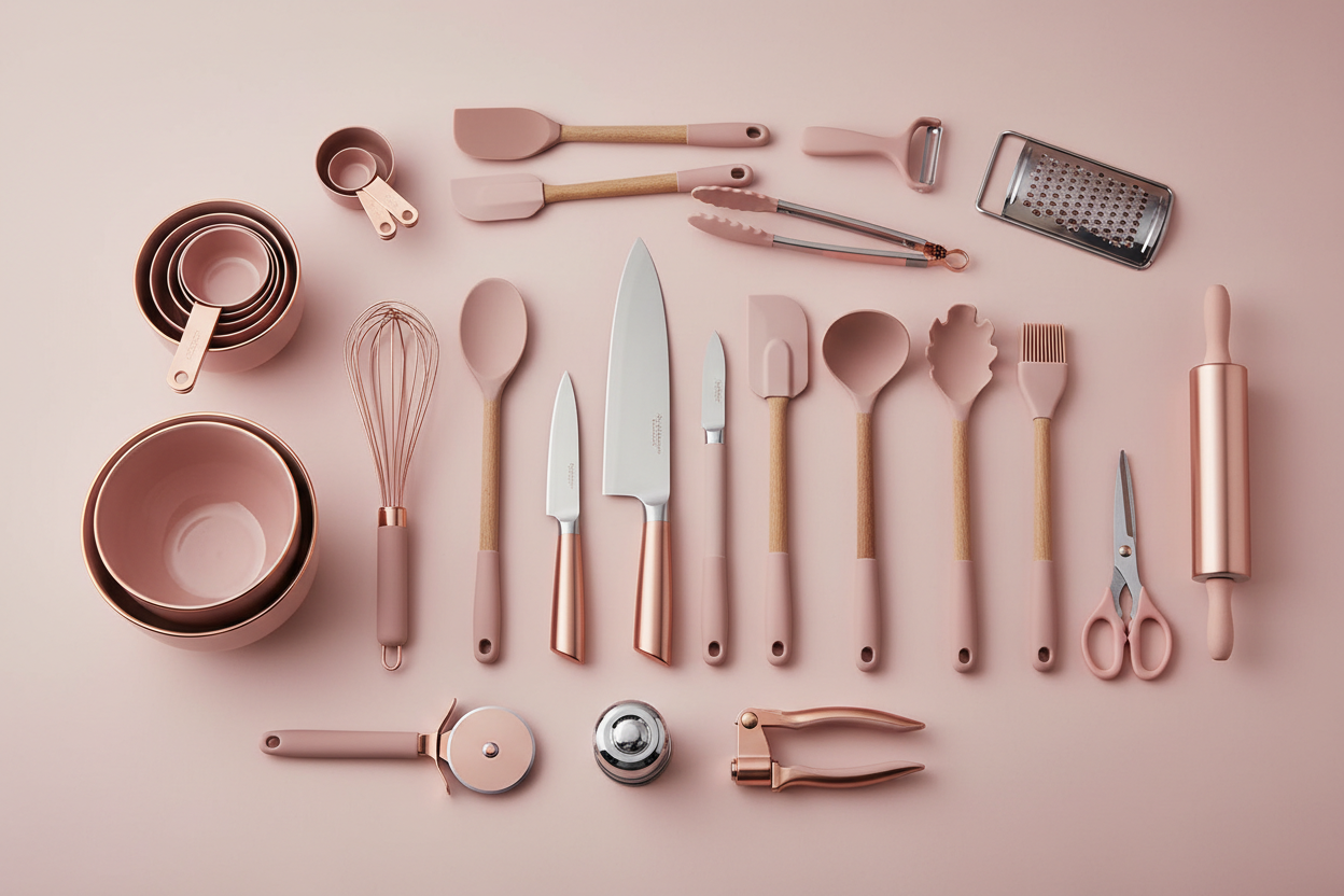 Can you generate image kitchen tool products all different different kitchen tool products image and pink colour and showing my website home page image with text can you show high quality image and premium NAS pink colour and all kitchen tools product