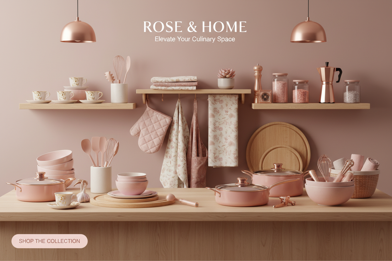 Mujhe ek image generate karke do mere Store ke home page ke liye main kitchen relative product sel karta hun kitchen tool tea cups and Jo kitchen mein use hota hai kitchen ka kapda Jo pahan ke khana pakate Hain and all accessory Jo kitchen ki needs Hoti hai vah sab main sel Karta Hun Tum mujhe use hisab se ek achcha high quality branded image generate karke do vah bhi pink color mein