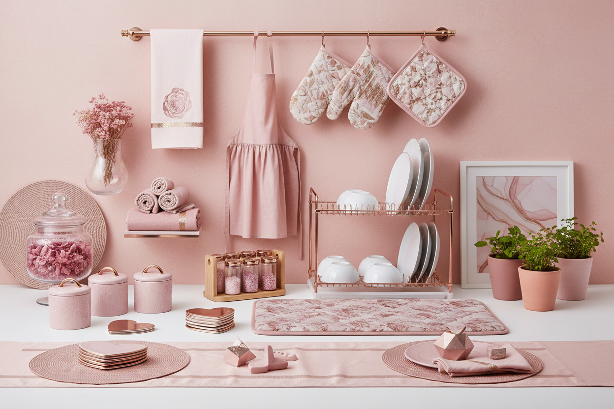 Mujhe mere shopify Store ke home page per lagane ke liye ek image chahie main kitchen product sel karta hun aur mujhe ek kitchen accessory product ke image banner banakar do jismein kitchen accessory ke har EK product add rahe kitchen mat kitchen mein aur bhi Jo chij lagta hai vah sab chij dal do is image mein bus kitchen ki jo istemal hote tools vah mat dena aur mujhe pink colour mein do mujhe Apne shopify ki store ke text with image mein lagane ke liye to mujhe high quality and best design mein image crea